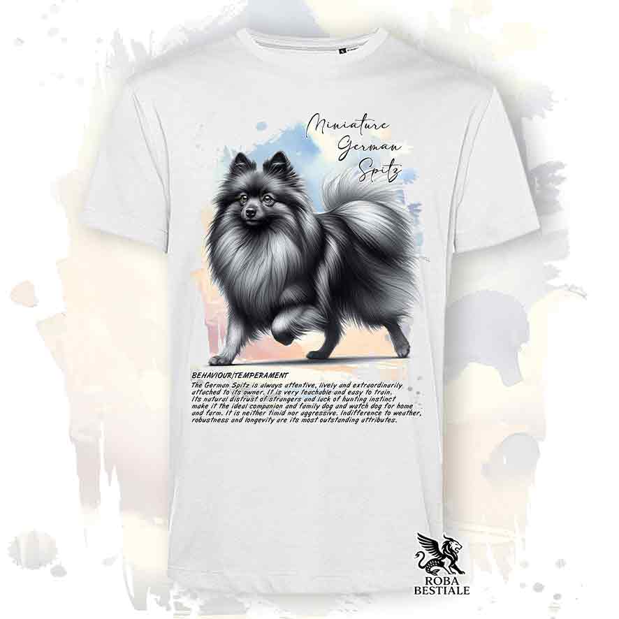 T-shirt stampata con Spitz Tedesco Piccolo grigio sfumato, colore bianco con grafica Behavior