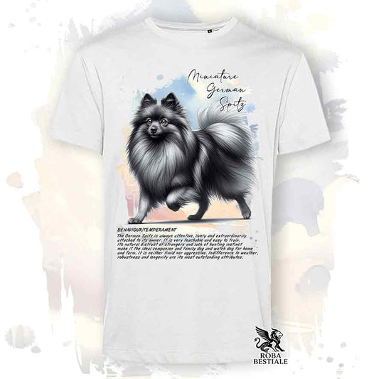 T-shirt stampata con Spitz Tedesco Piccolo grigio sfumato, colore bianco con grafica Behavior