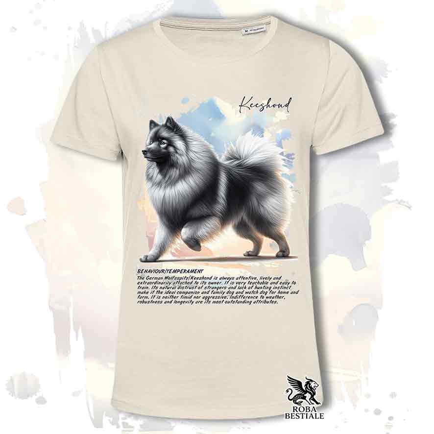 T-shirt stampata con Spitz Tedesco Wolfsspitz Keeshond, colore beige con grafica Behavior