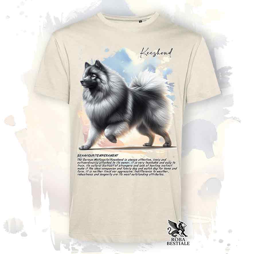 T-shirt stampata con Spitz Tedesco Wolfsspitz Keeshond, colore beige con grafica Behavior