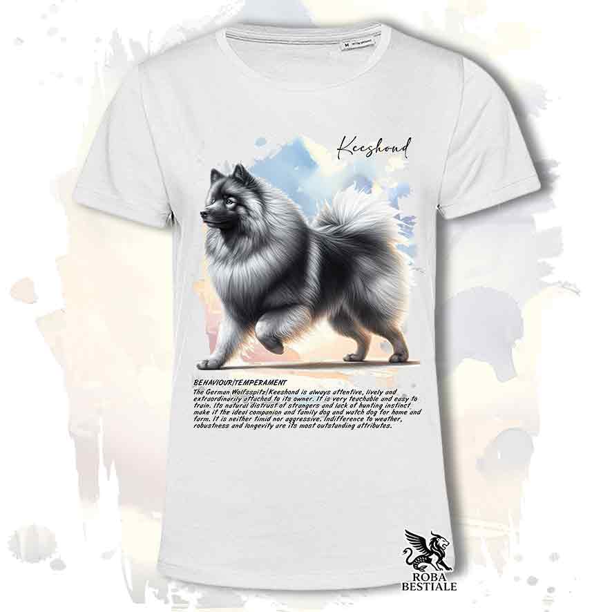 T-shirt stampata con Spitz Tedesco Wolfsspitz Keeshond, colore bianco con grafica Behavior