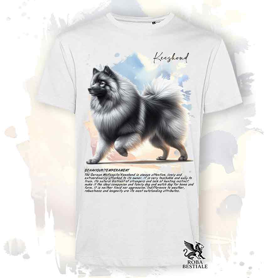 T-shirt stampata con Spitz Tedesco Wolfsspitz Keeshond, colore bianco con grafica Behavior