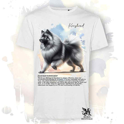 T-shirt stampata con Spitz Tedesco Wolfsspitz Keeshond, colore bianco con grafica Behavior