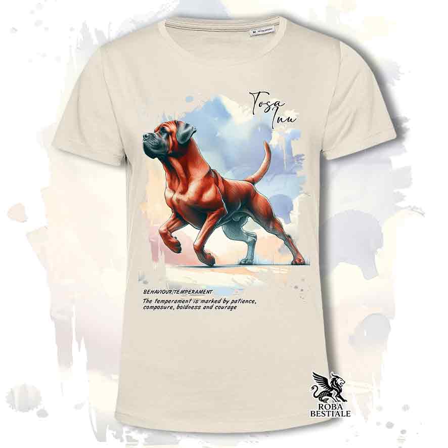 T-shirt stampata con Tosa Inu rosso, colore beige con grafica Behavior