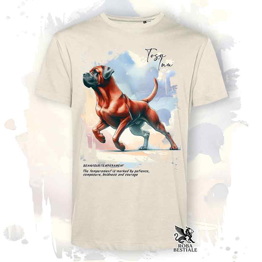 T-shirt stampata con Tosa Inu rosso, colore beige con grafica Behavior