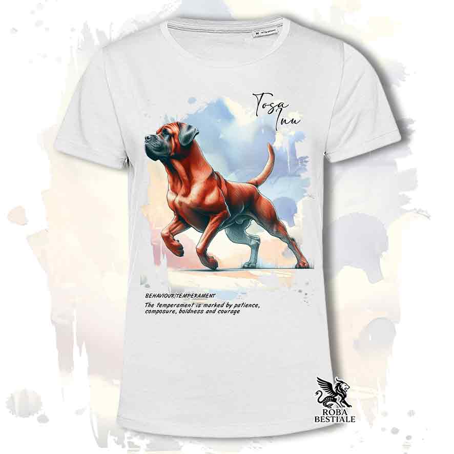 T-shirt stampata con Tosa Inu rosso, colore bianco con grafica Behavior