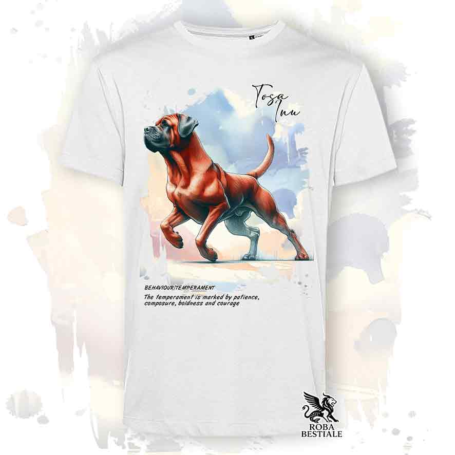 T-shirt stampata con Tosa Inu rosso, colore bianco con grafica Behavior
