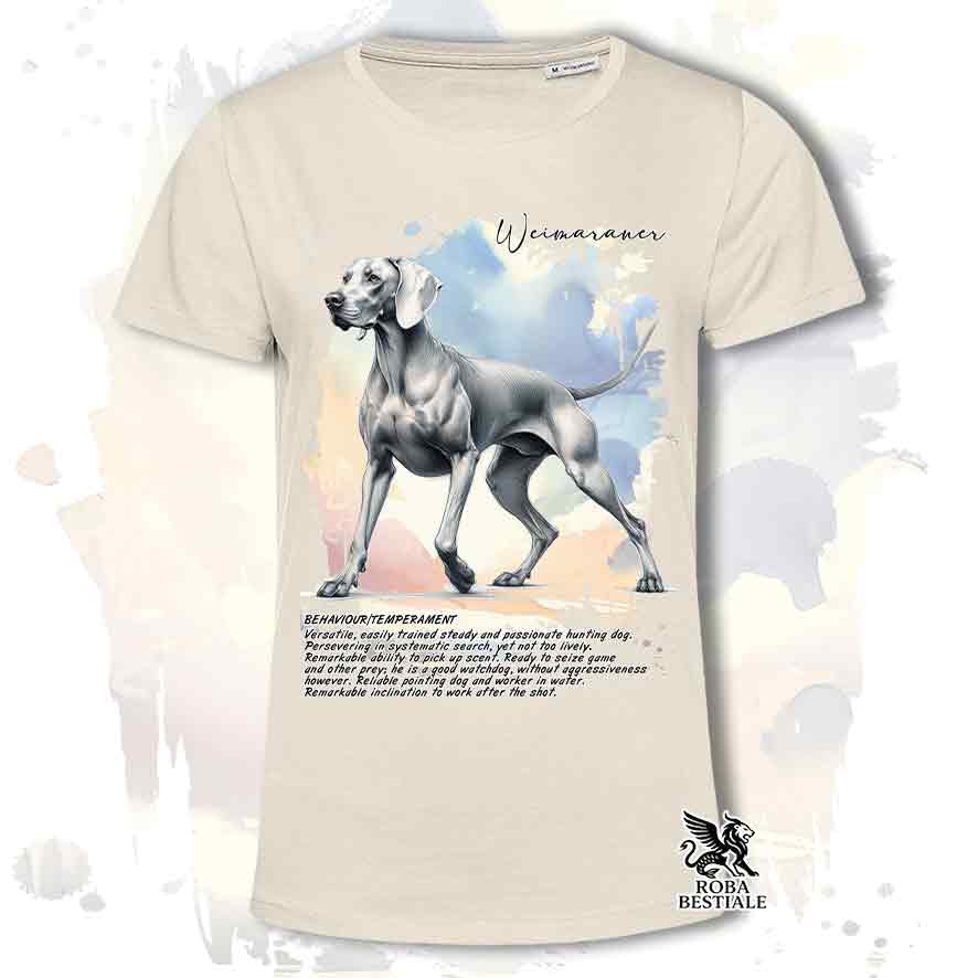 T-shirt stampata con Weimaraner grigio argento, colore beige con grafica Behavior