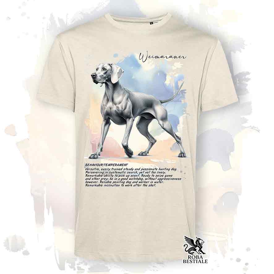 T-shirt stampata con Weimaraner grigio argento, colore beige con grafica Behavior