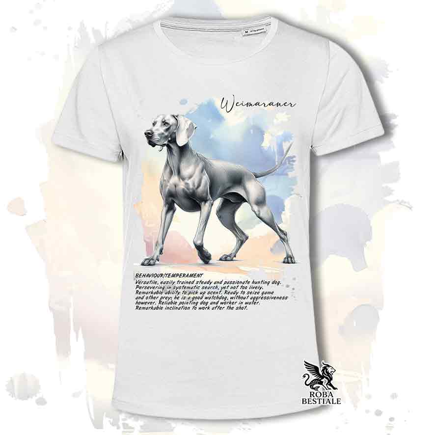 T-shirt stampata con Weimaraner grigio argento, colore bianco con grafica Behavior