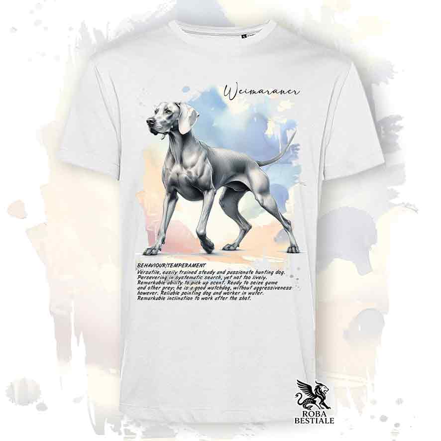 T-shirt stampata con Weimaraner grigio argento, colore bianco con grafica Behavior