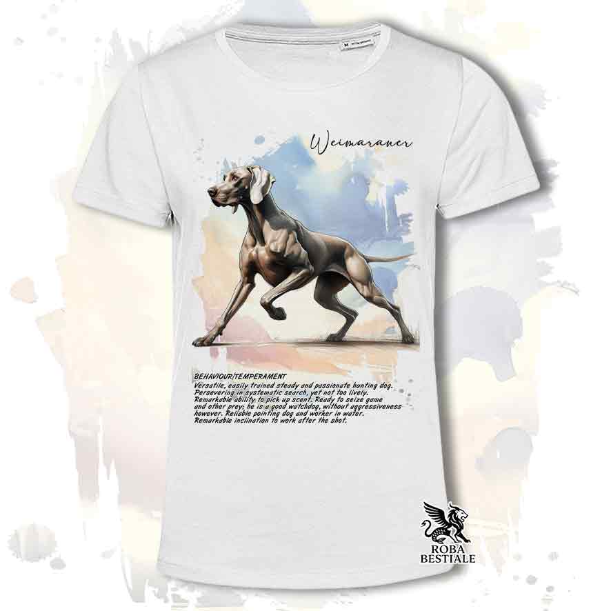 T-shirt stampata con Weimaraner grigio capriolo, colore bianco con grafica Behavior