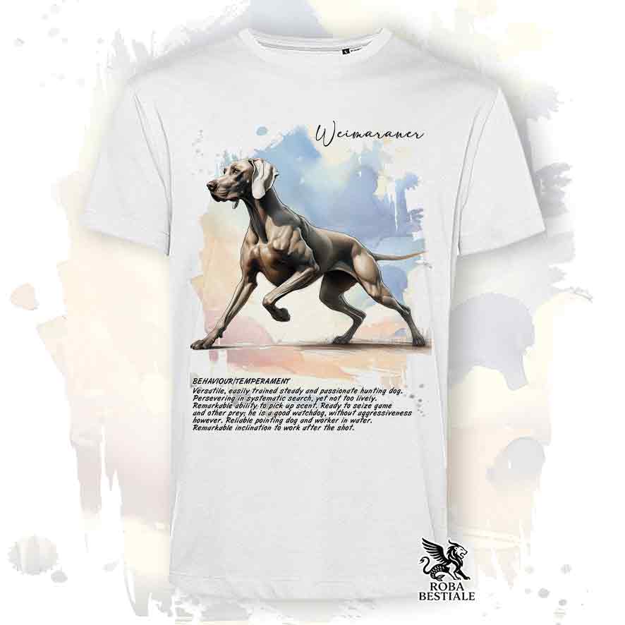 T-shirt stampata con Weimaraner grigio capriolo, colore bianco con grafica Behavior