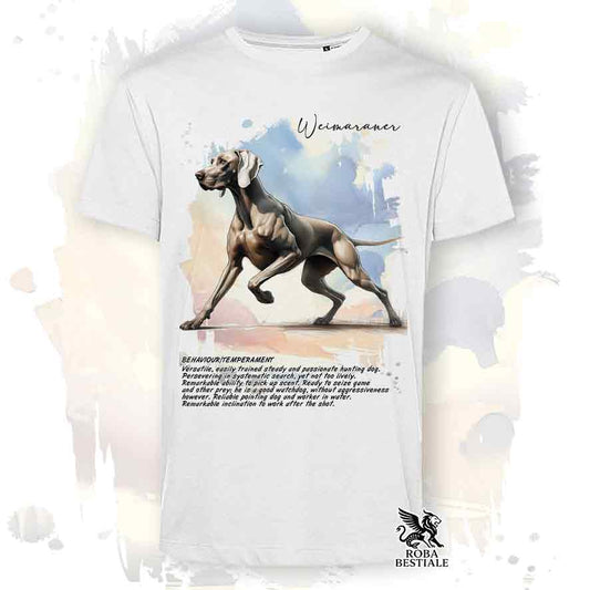 T-shirt stampata con Weimaraner grigio capriolo, colore bianco con grafica Behavior