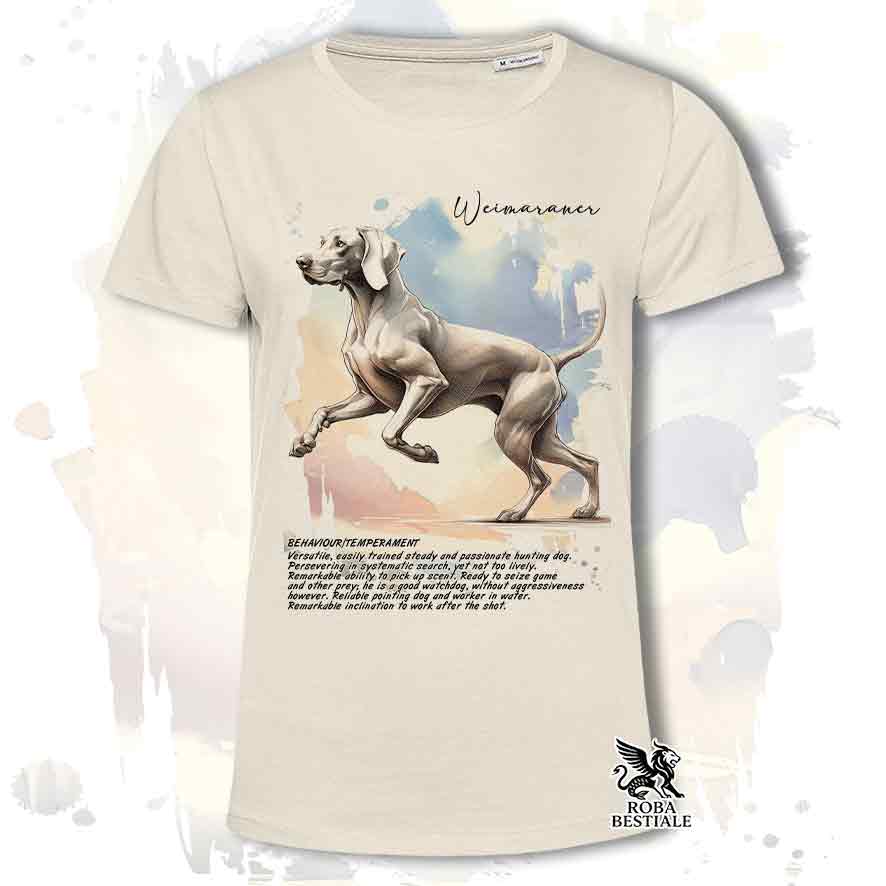 T-shirt stampata con Weimaraner grigio topo, colore beige con grafica Behavior