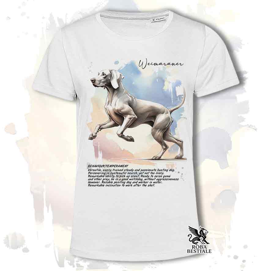 T-shirt stampata con Weimaraner grigio topo, colore bianco con grafica Behavior