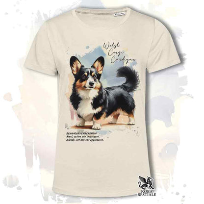 T-shirt stampata con Welsh Corgi Cardigan, colore beige con grafica Behavior