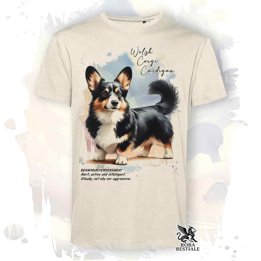 T-shirt stampata con Welsh Corgi Cardigan, colore beige con grafica Behavior