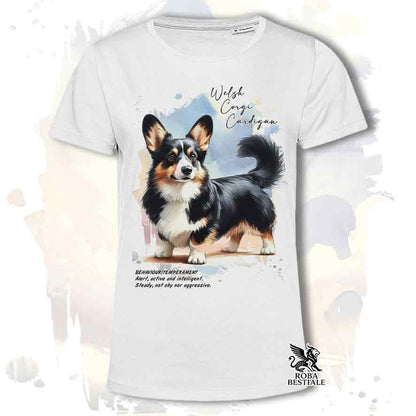 T-shirt stampata con Welsh Corgi Cardigan, colore bianco con grafica Behavior