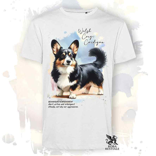 T-shirt stampata con Welsh Corgi Cardigan, colore bianco con grafica Behavior