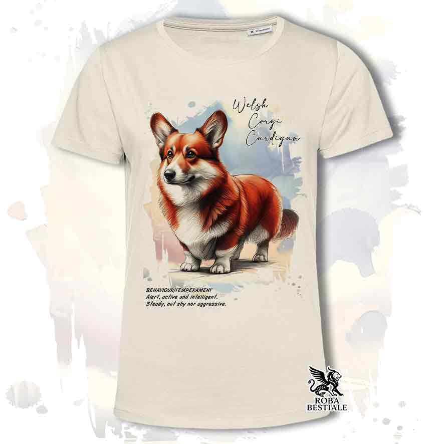 T-shirt stampata con Welsh Corgi Cardigan, colore beige con grafica Behavior