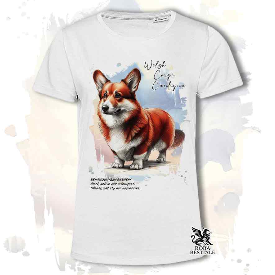 T-shirt stampata con Welsh Corgi Cardigan, colore bianco con grafica Behavior