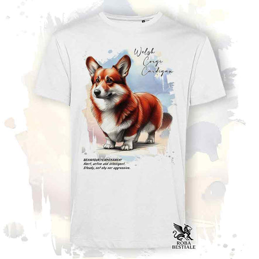 T-shirt stampata con Welsh Corgi Cardigan, colore bianco con grafica Behavior