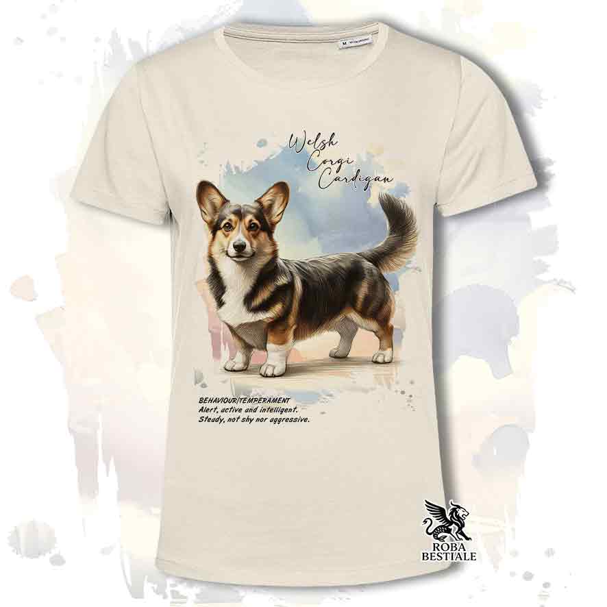 T-shirt stampata con Welsh Corgi Cardigan, colore beige con grafica Behavior