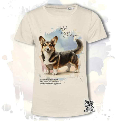 T-shirt stampata con Welsh Corgi Cardigan, colore beige con grafica Behavior