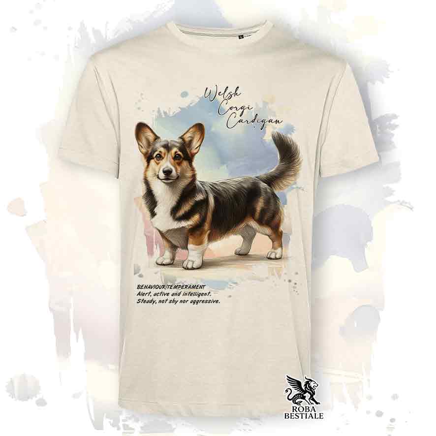 T-shirt stampata con Welsh Corgi Cardigan, colore beige con grafica Behavior