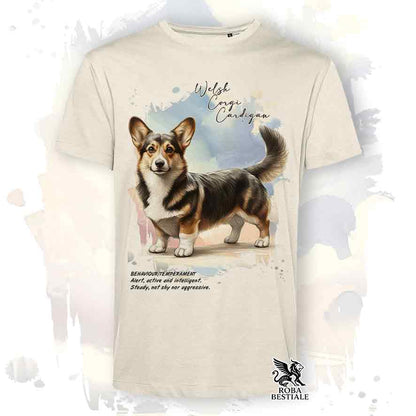 T-shirt stampata con Welsh Corgi Cardigan, colore beige con grafica Behavior