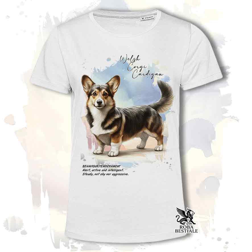T-shirt stampata con Welsh Corgi Cardigan, colore bianco con grafica Behavior