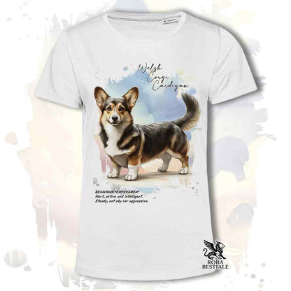 T-shirt stampata con Welsh Corgi Cardigan, colore bianco con grafica Behavior