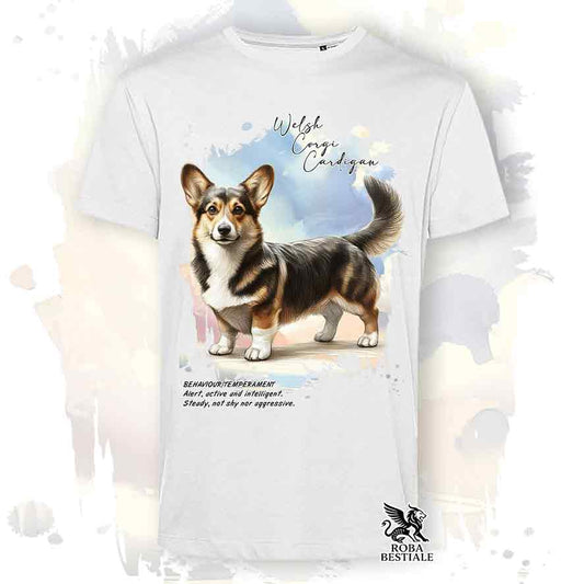 T-shirt stampata con Welsh Corgi Cardigan, colore bianco con grafica Behavior