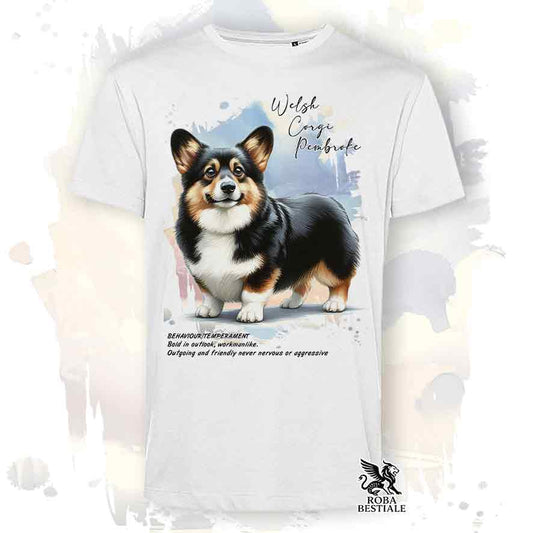 T-shirt stampata con Welsh Corgi Pembroke black tricolor, colore bianco con grafica Behavior