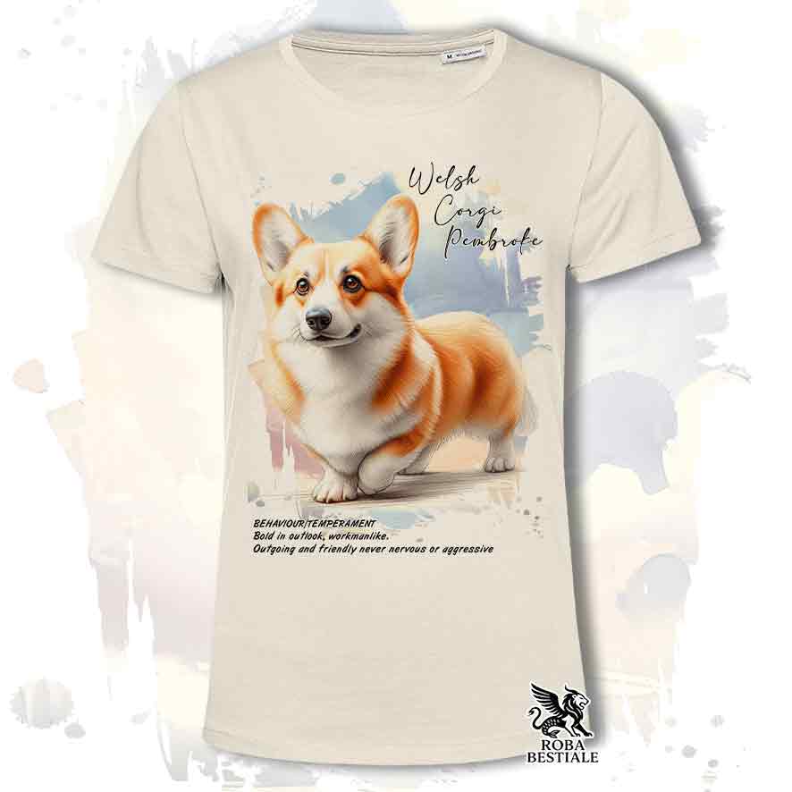 T-shirt stampata con Welsh Corgi Pembroke fulvo, colore bianco con grafica Behavior