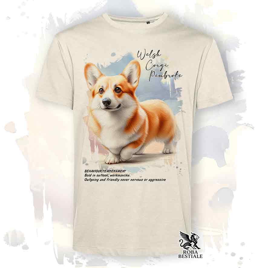 T-shirt stampata con Welsh Corgi Pembroke fulvo, colore bianco con grafica Behavior