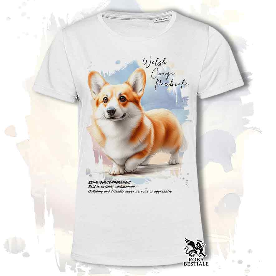 T-shirt stampata con Welsh Corgi Pembroke fulvo, colore bianco con grafica Behavior