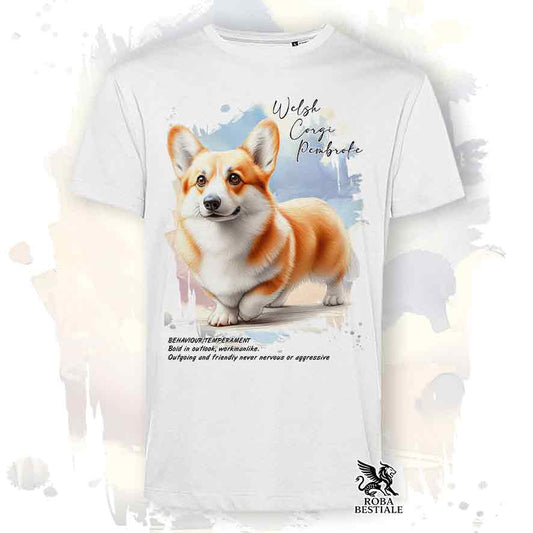 T-shirt stampata con Welsh Corgi Pembroke fulvo, colore bianco con grafica Behavior