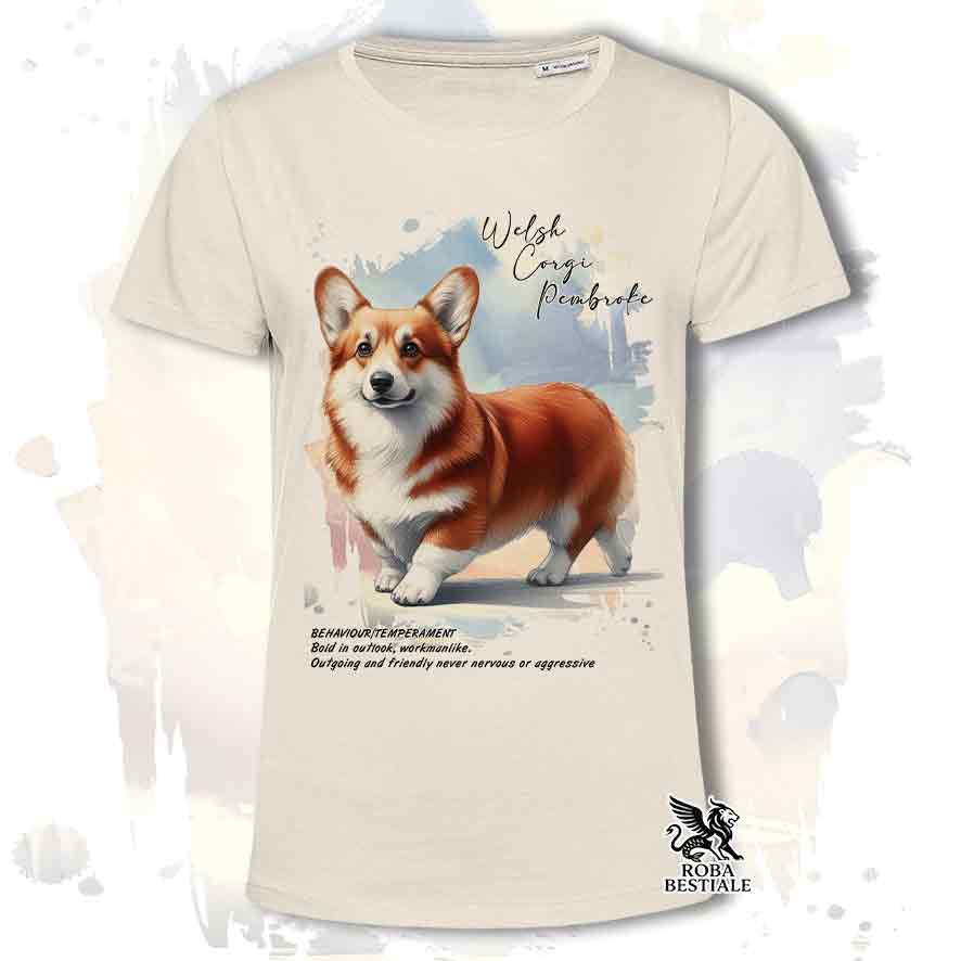 T-shirt stampata con Welsh Corgi Pembroke, colore beige con grafica Behavior