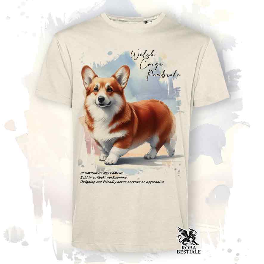 T-shirt stampata con Welsh Corgi Pembroke, colore beige con grafica Behavior