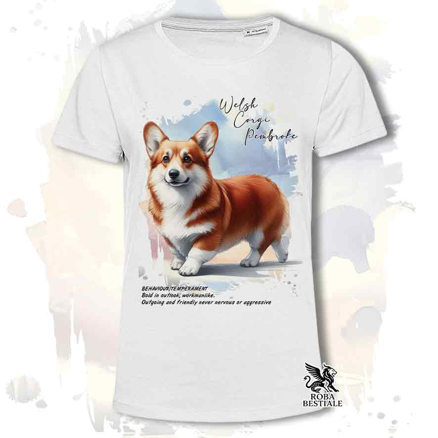 T-shirt stampata con Welsh Corgi Pembroke, colore bianco con grafica Behavior