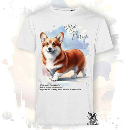 T-shirt stampata con Welsh Corgi Pembroke, colore bianco con grafica Behavior
