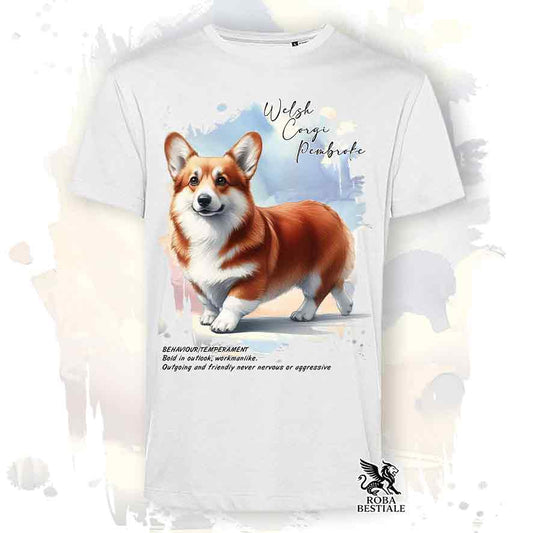 T-shirt stampata con Welsh Corgi Pembroke, colore bianco con grafica Behavior