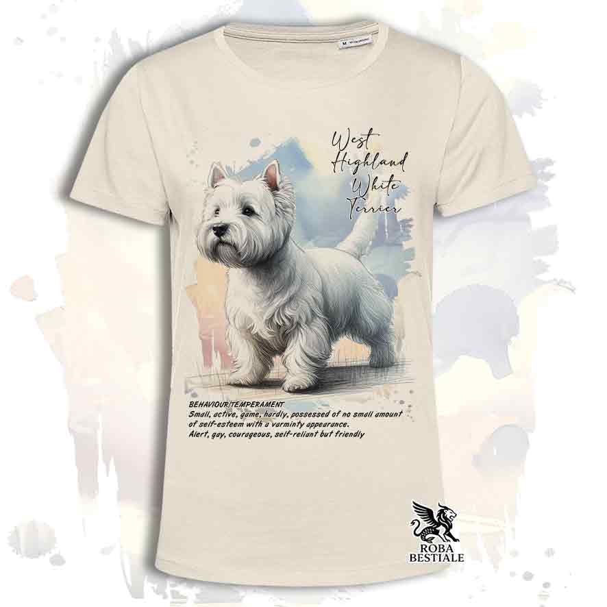 T-shirt stampata con West Highland White Terrier, colore beige con grafica Behavior