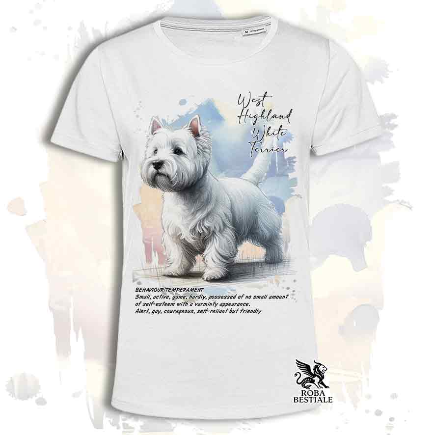 T-shirt stampata con West Highland White Terrier, colore bianco con grafica Behavior