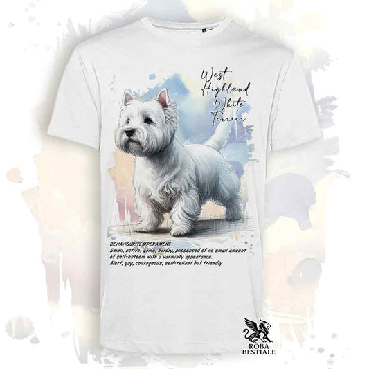 T-shirt stampata con West Highland White Terrier, colore bianco con grafica Behavior