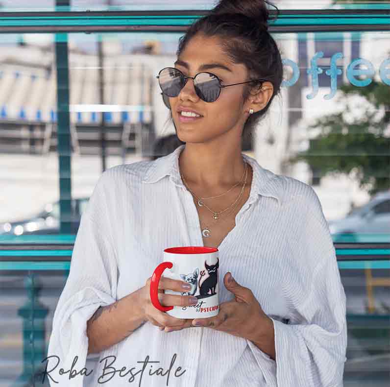 Tazza SWEET&PSYCHO - CHIHUAHUA a Pelo Corto - Manico e Interno Colorati - In Ceramica, 330 ml