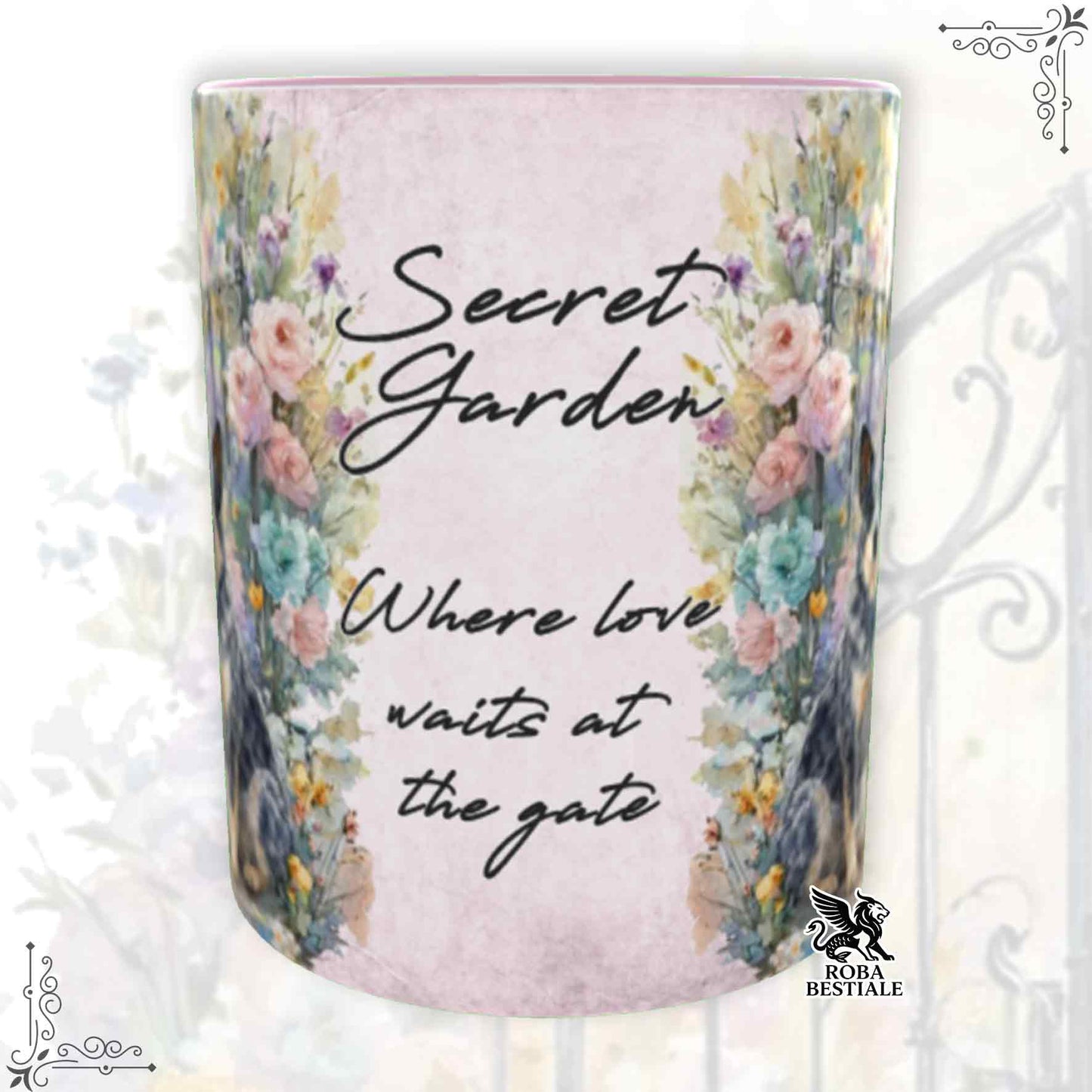 Tazza SECRET GARDEN - BORDER COLLIE Blue Merle - Dettagli ROSA - 330 ml - in Ceramica