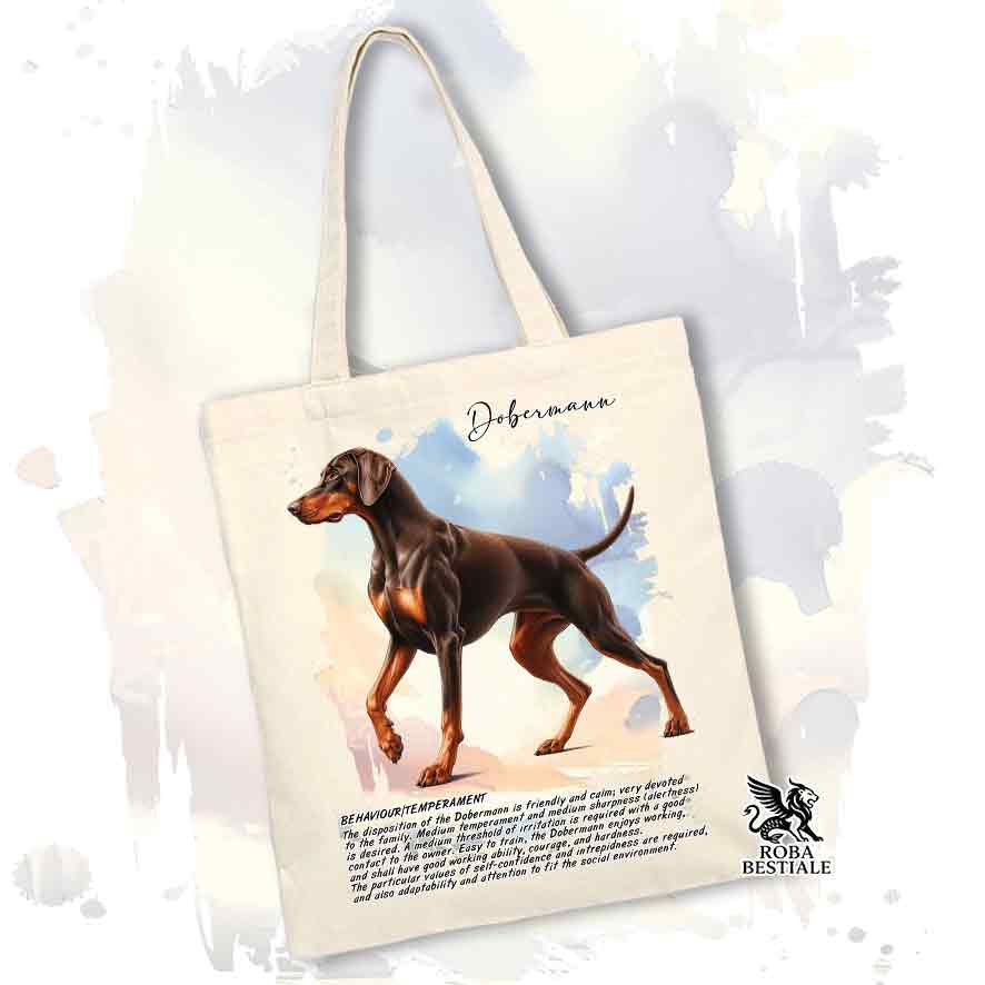 Tote bag Dobermann marrone focato con grafica Behavior colore beige